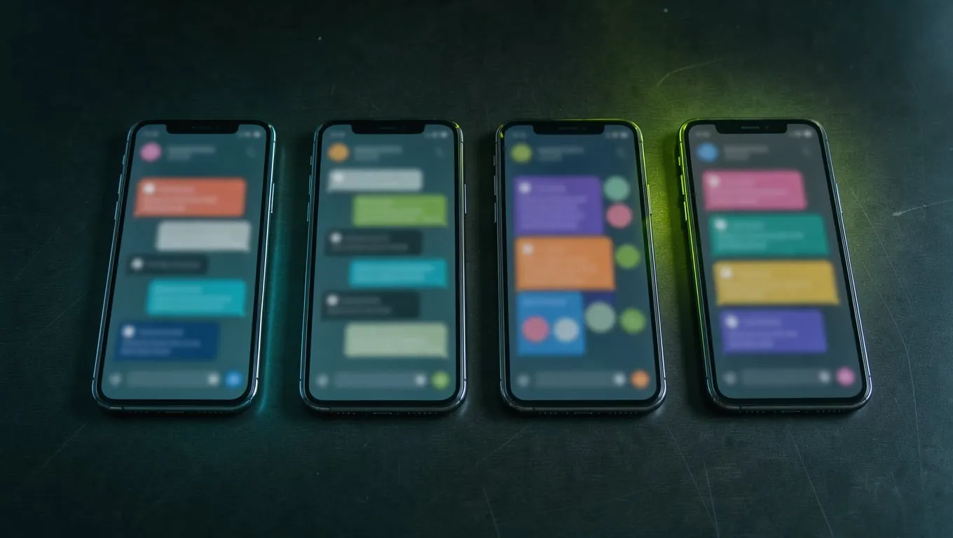 Quatro celulares lado a lado, cada um com um aplicativo de conversa diferente