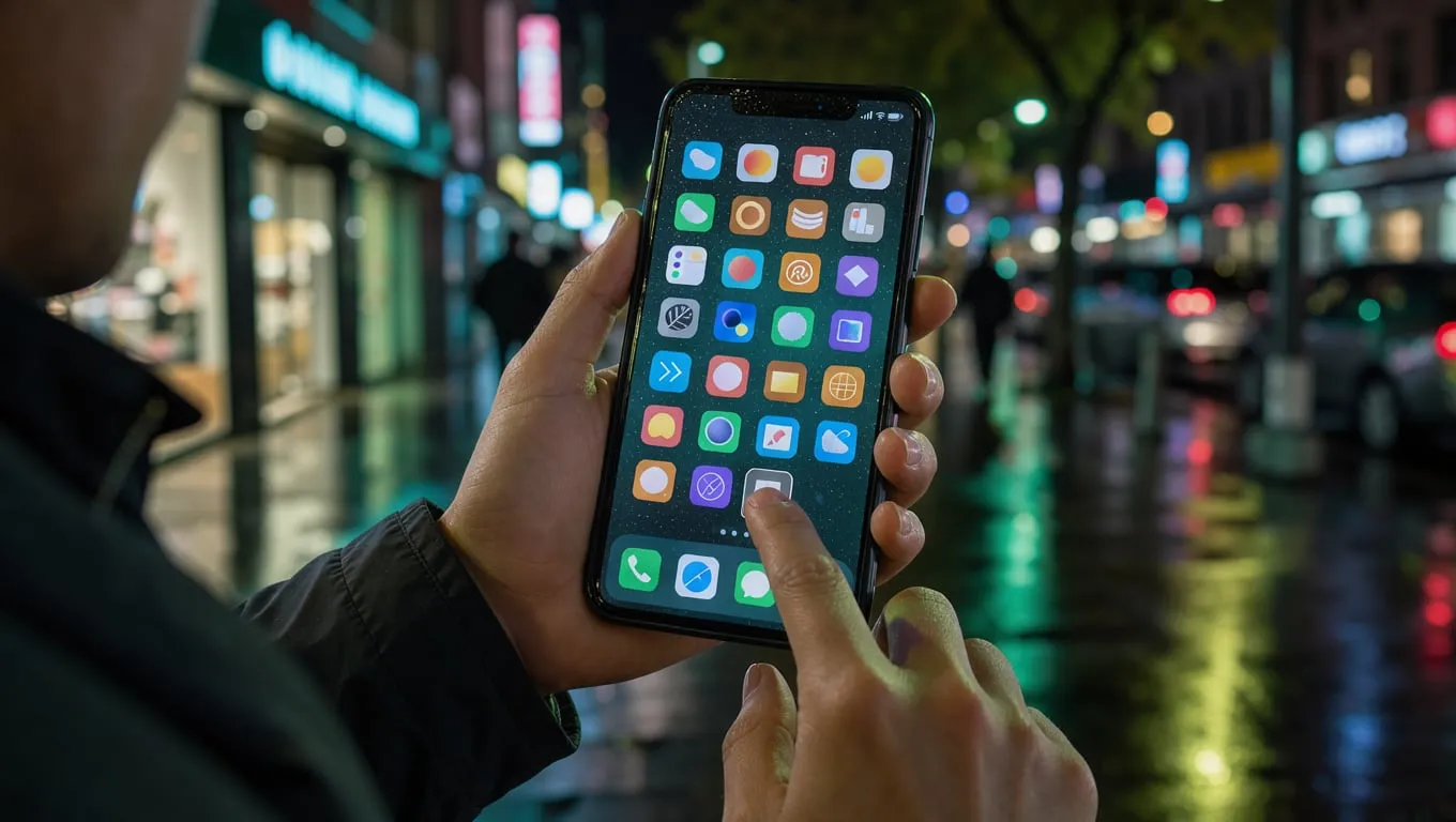 Mão segurando um celular com ícones na tela inicial, numa rua à noite