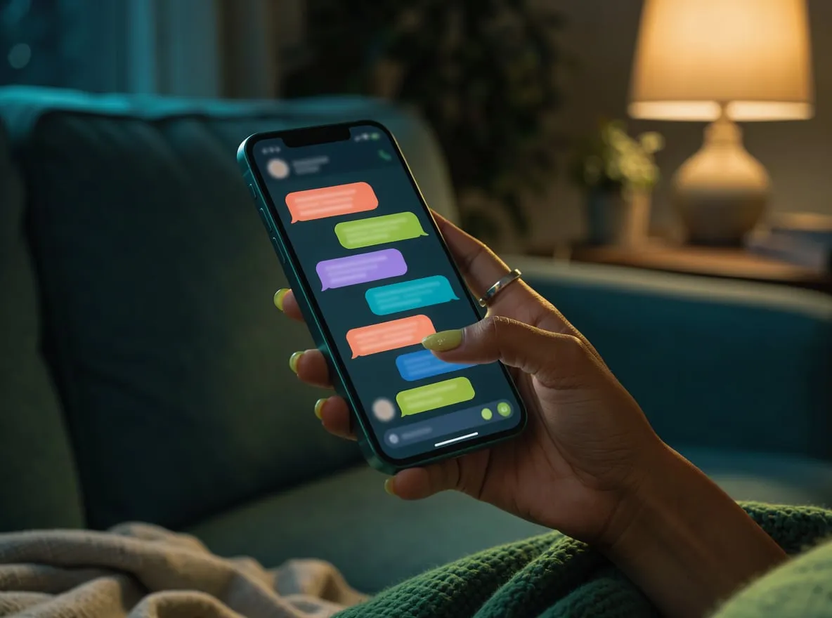 Mão segurando um celular com uma conversa aberta num aplicativo de mensagens
