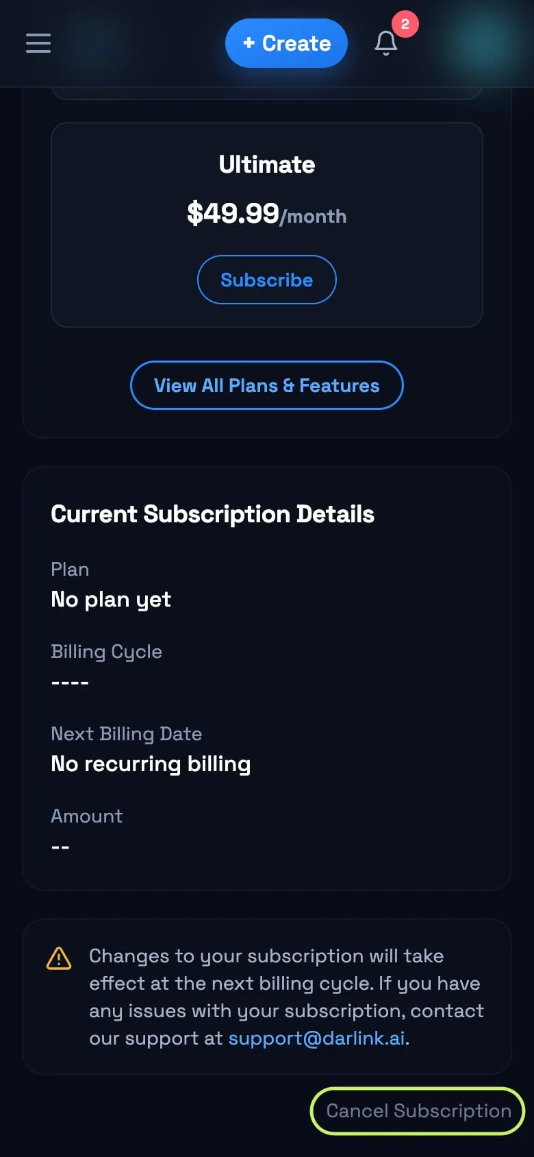 Aba Subscription das configurações do Darlink AI no celular, com o link Cancel Subscription destacado no fim da página
