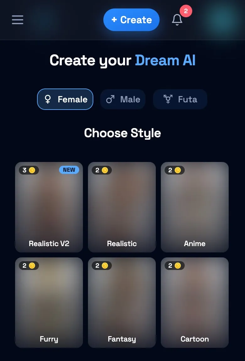 Tela Create your Dream AI no celular, com a escolha entre Female, Male e Futa e os estilos de personagem