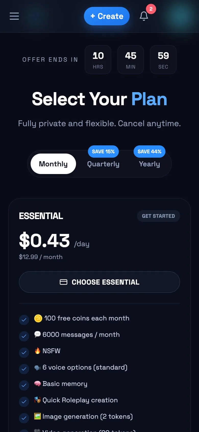 Página de planos do Darlink AI no celular, com o seletor mensal, trimestral e anual e o plano Essential a US$ 12,99