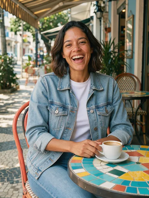 Bia, exemplo de personagem: mulher de jaqueta jeans rindo numa mesa de café na calçada