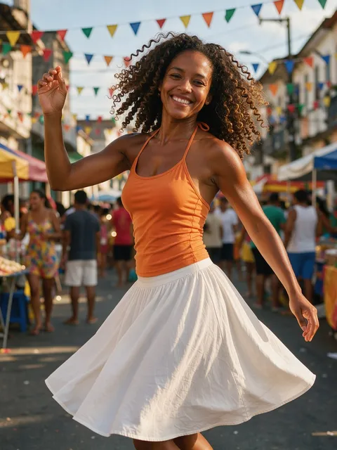 Tainara, exemplo de personagem: mulher de cabelo cacheado dançando numa festa de rua com bandeirinhas